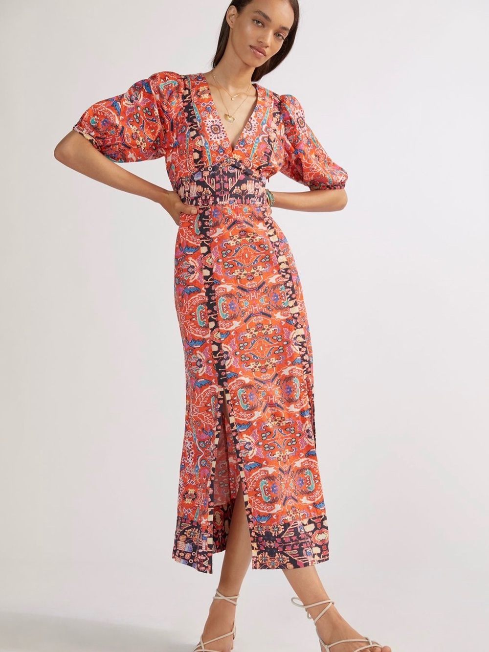 By Anthropologie Orange Bohemian Floral Maxi Dress